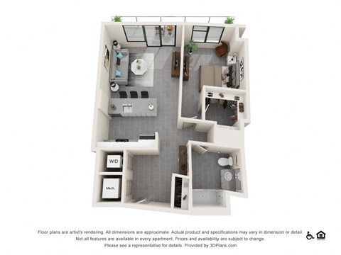 Floor plan for 1 bed, 1 bath, 767 sqft